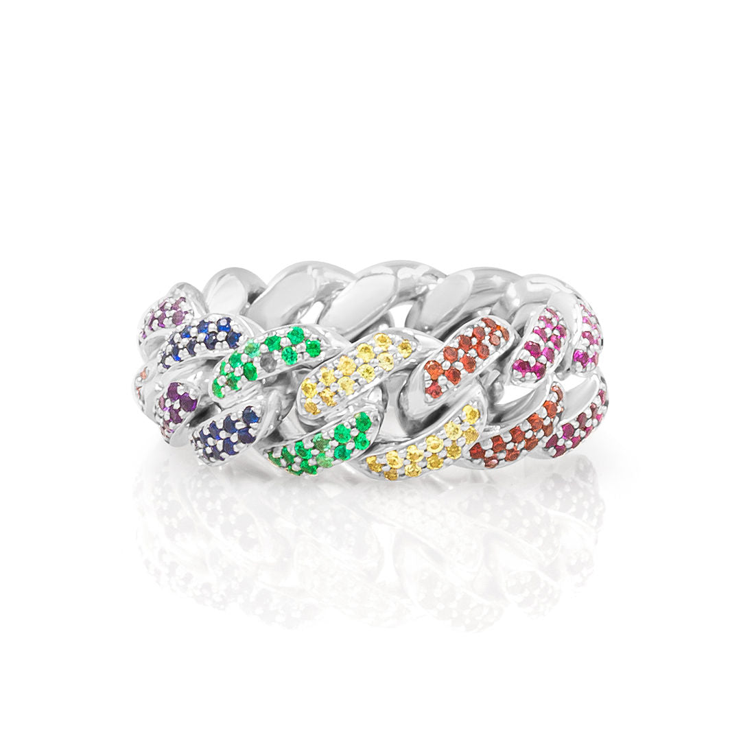 A multicolored gemstone ring with a gold band, featuring a series of small, tightly set stones in a rainbow pattern.