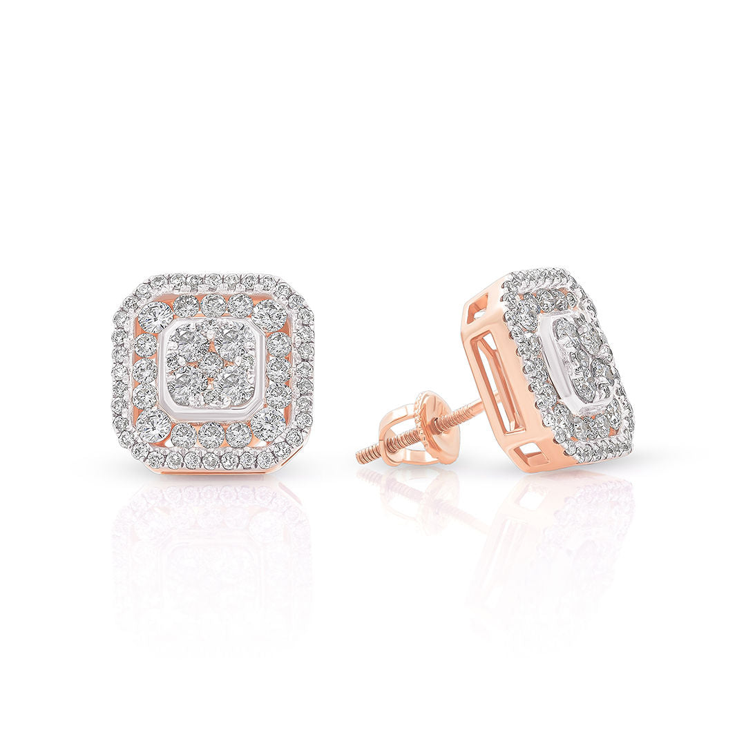 A pair of rose gold square stud earrings encrusted with diamonds.
