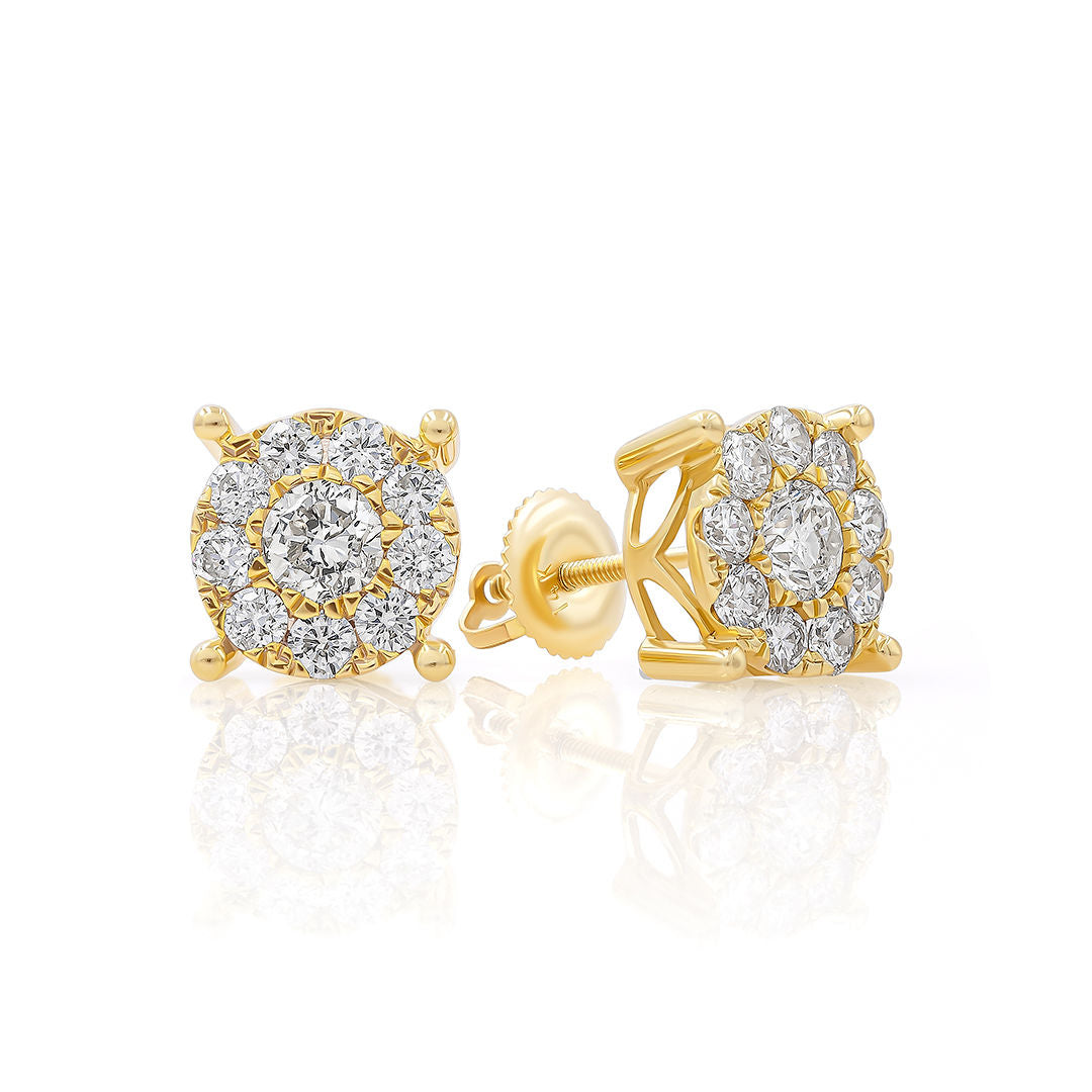 A pair of 10-stud diamond earrings with a yellow gold setting, showcasing a central diamond surrounded by smaller clear stones.