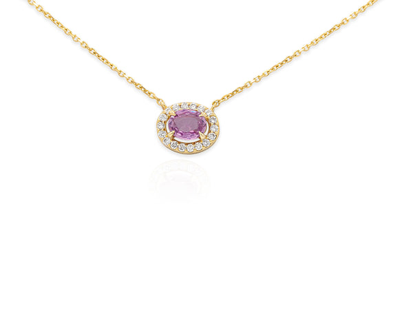 Pink Sapphire with Diamond Halo Necklace