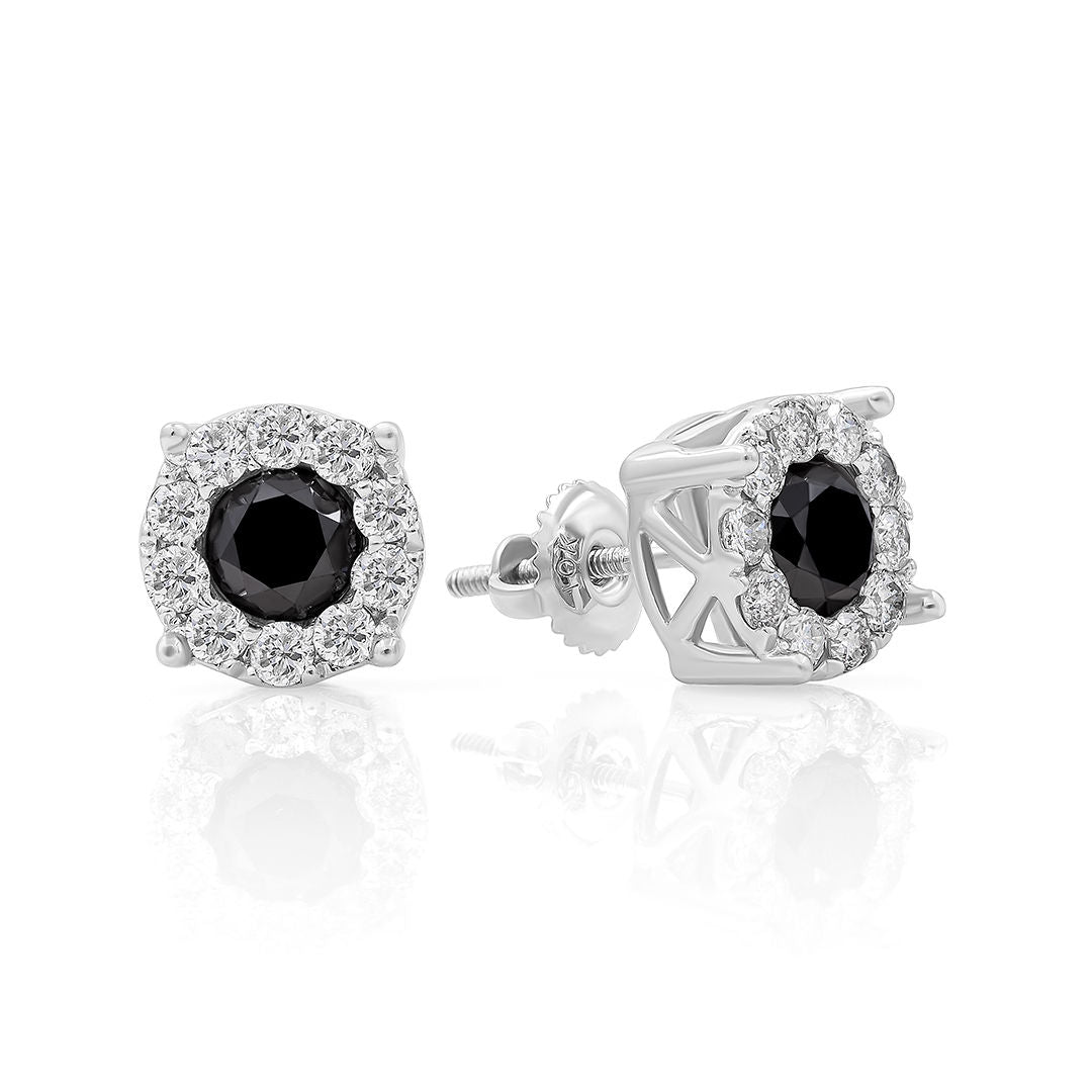 A pair of black and white diamond halo stud earrings set in white gold.