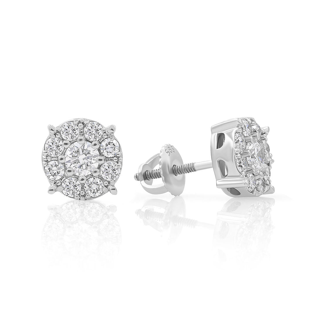 A pair of white gold diamond cluster earrings with a larger center stone
