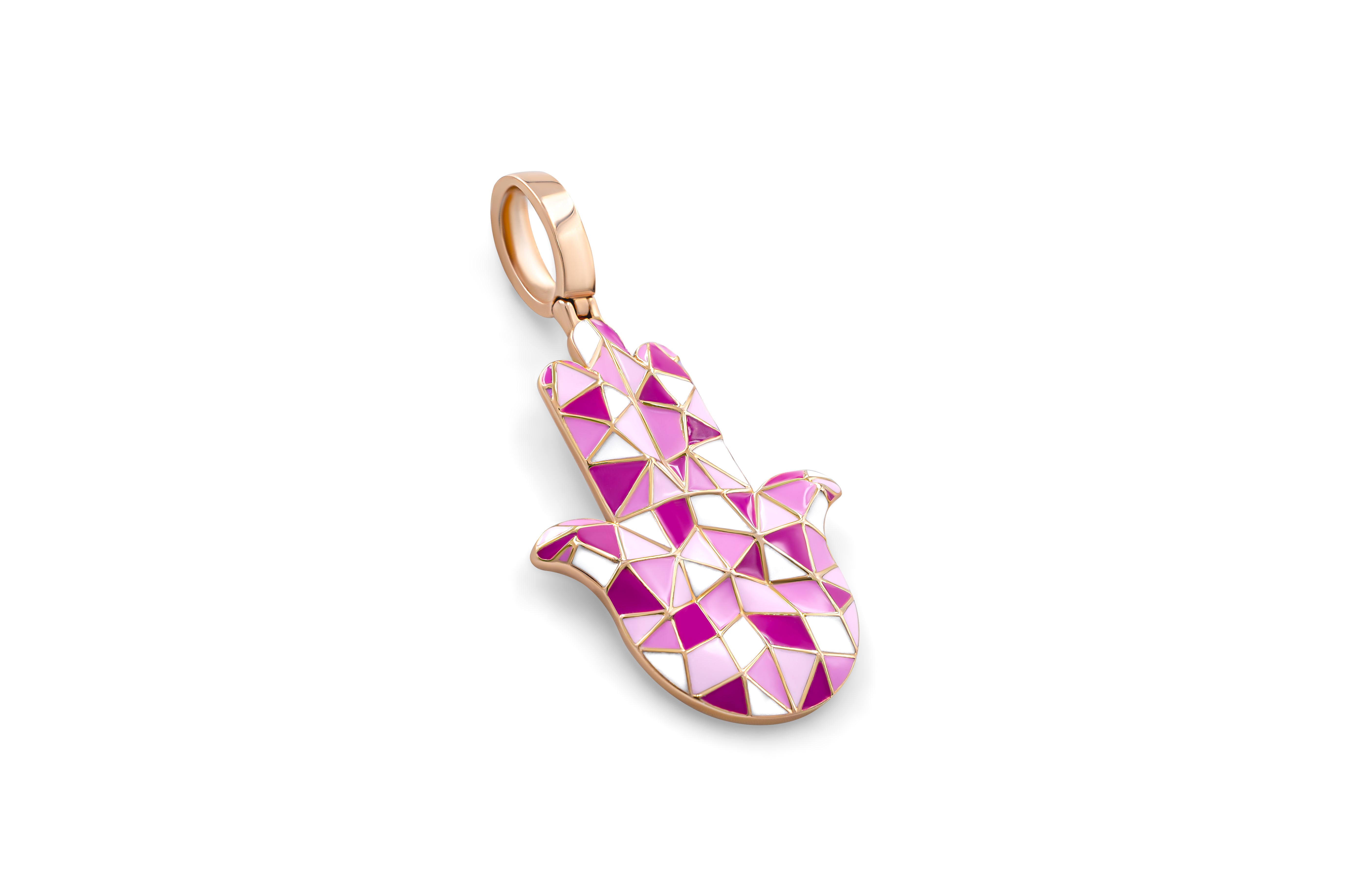 Gold hamsa pendant with pink and white geometric pattern on a white background