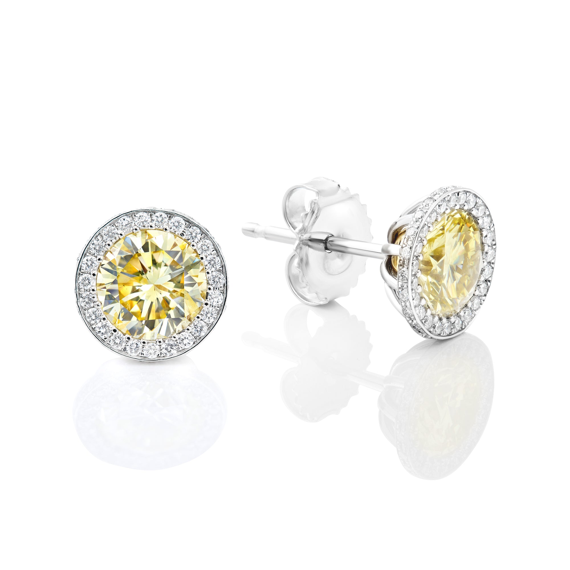 Yellow Diamond Round Stud Halo Earrings