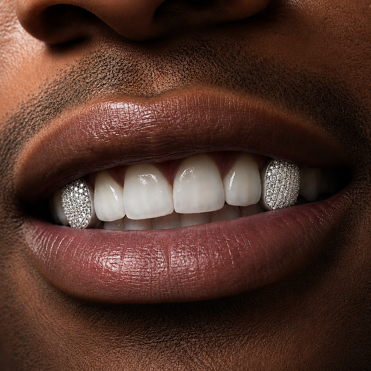 Close-up of pavé diamonds on custom gold grillz