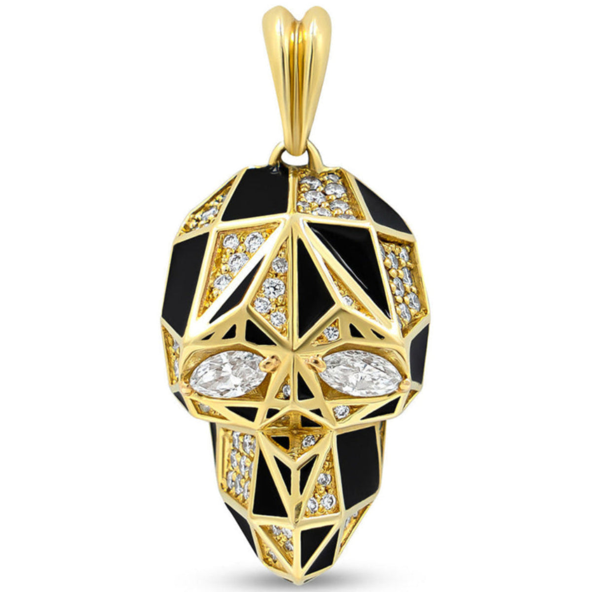 A gold pendant with black enamel and embedded with diamonds, designed in the shape of a skull.