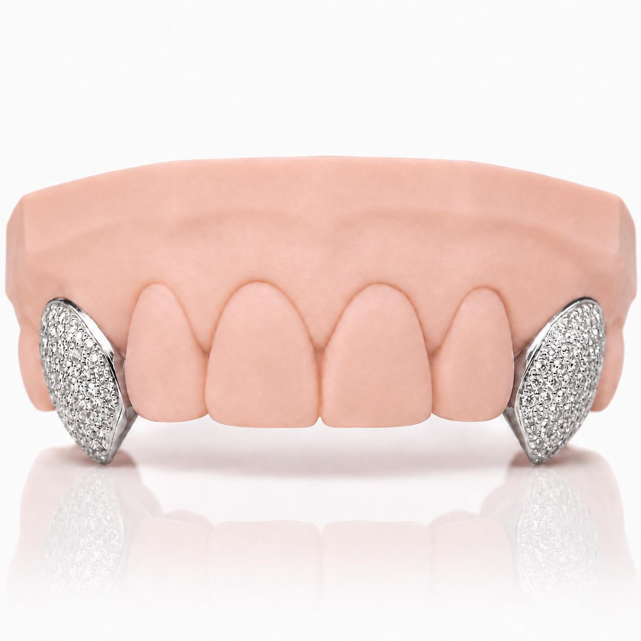 Sharp diamond fangs grillz in gold, front view