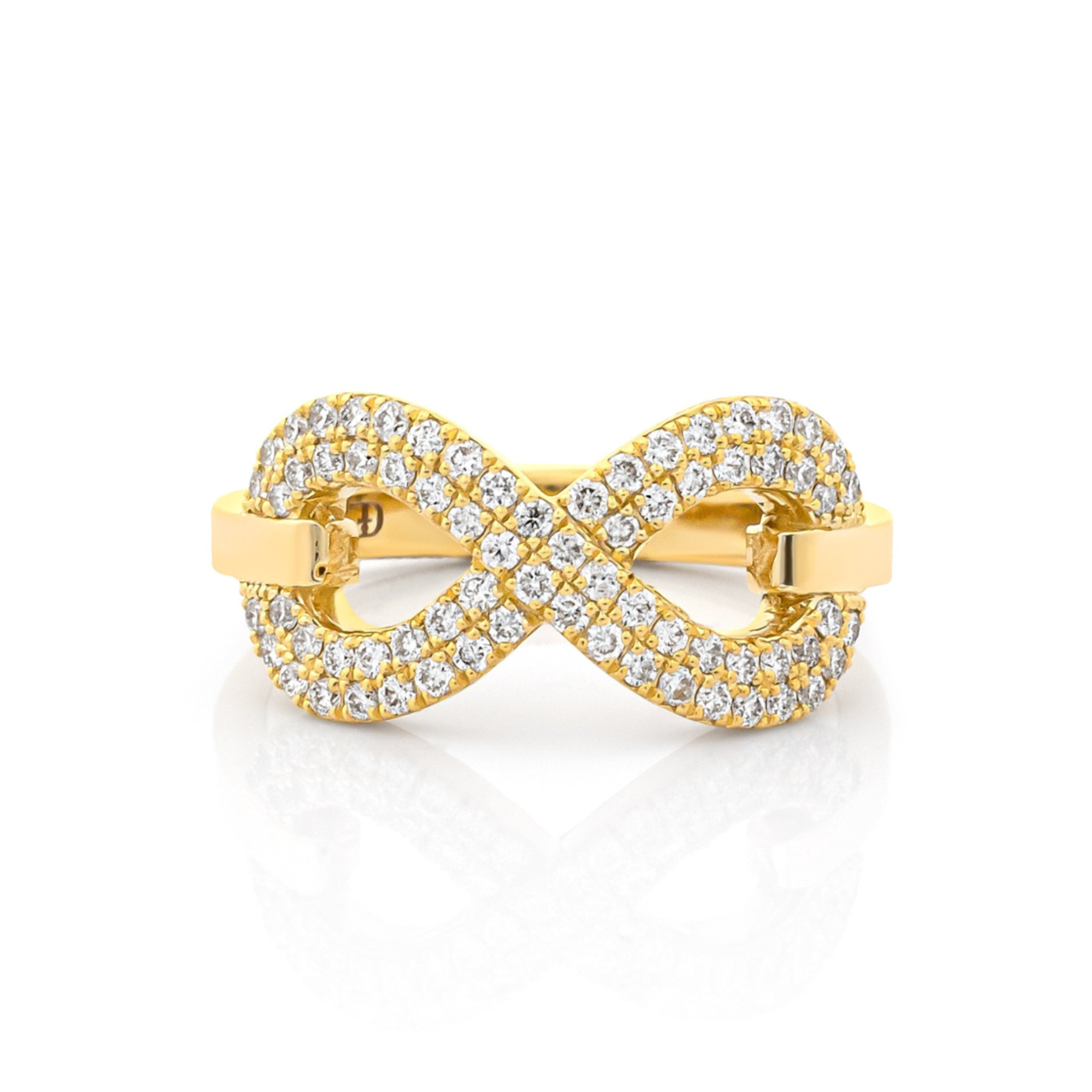 A yellow gold ring featuring a infinity symbol design, studded with multiple diamonds.