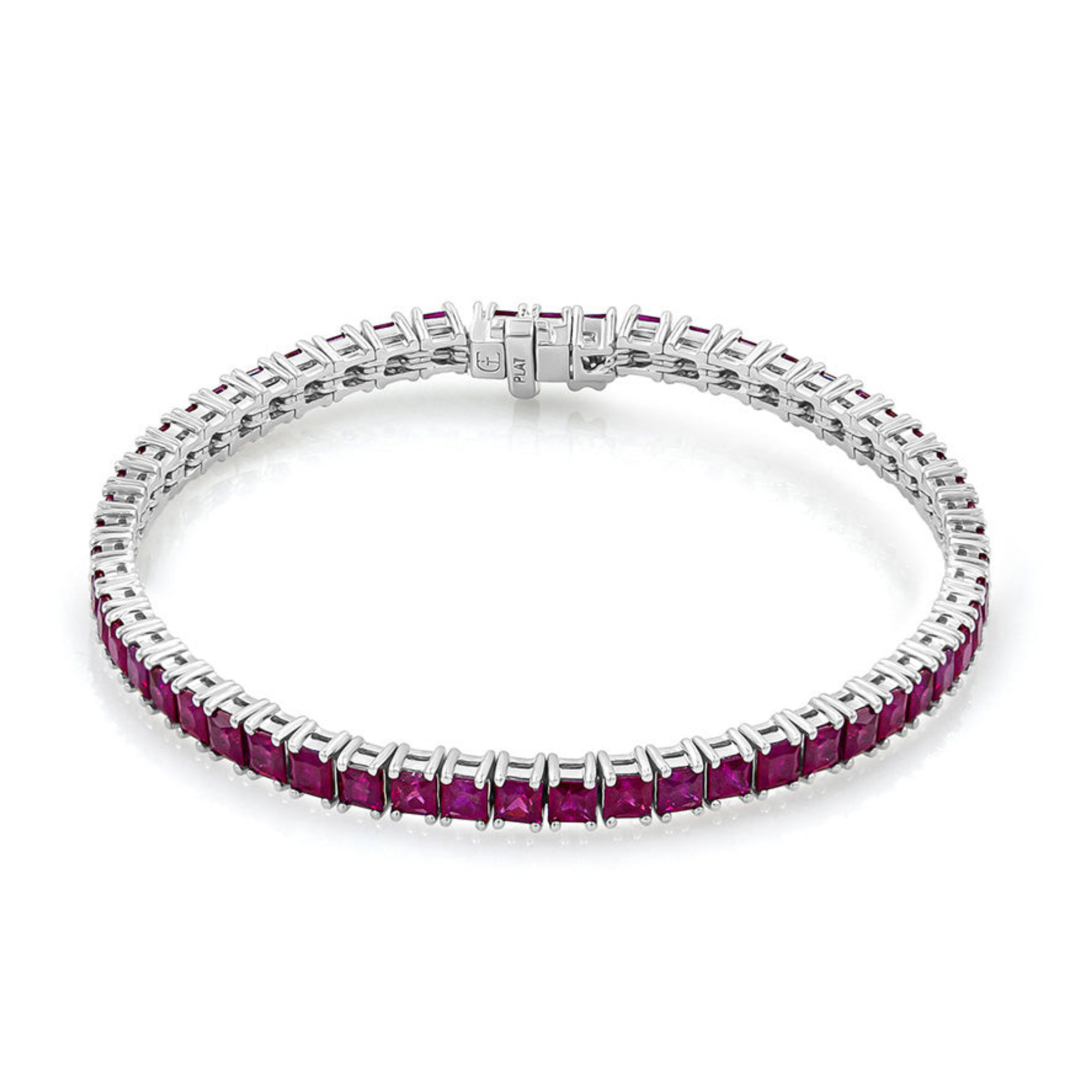A tennis bracelet featuring princess-cut rubies set in a white gold band.
