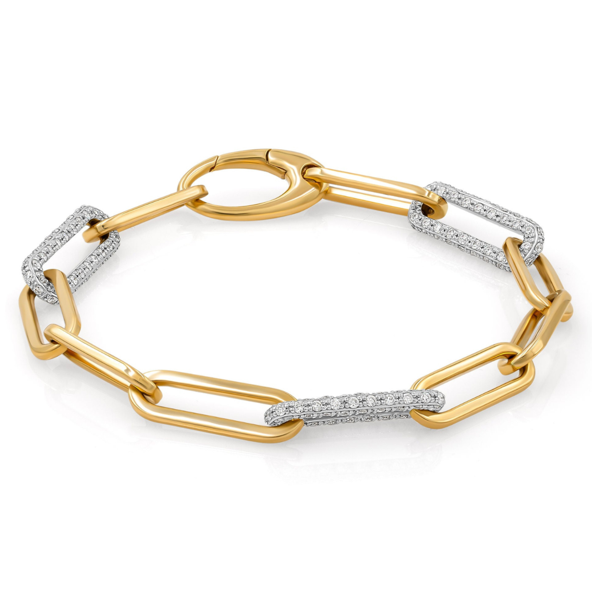 A yellow gold bracelet with diamond accents on a chain link, displayed against a white background.