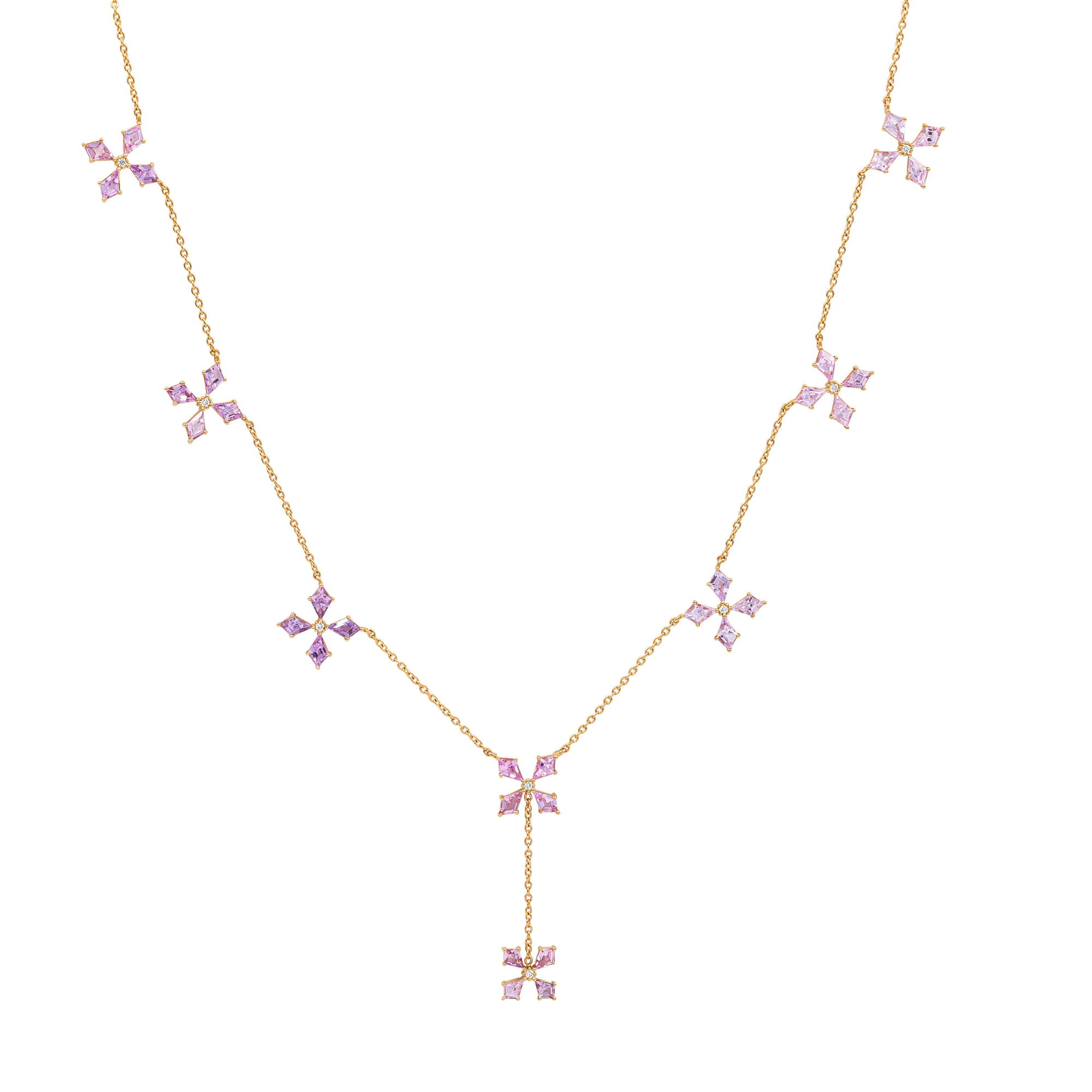 A pink kite-shaped necklace with gold chains and small purple stones.