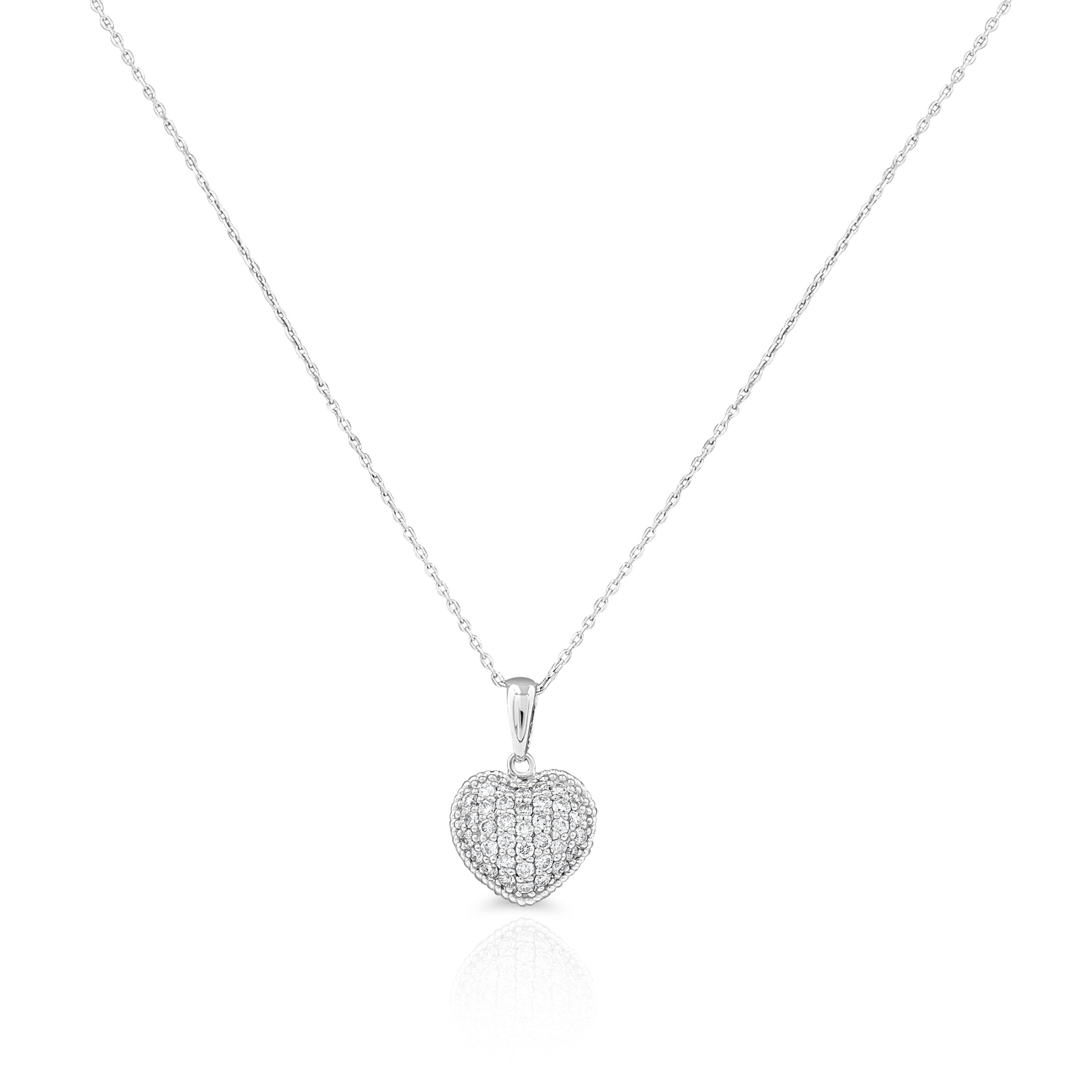 A white gold heart-shaped pendant necklace with diamond pavé detailing.