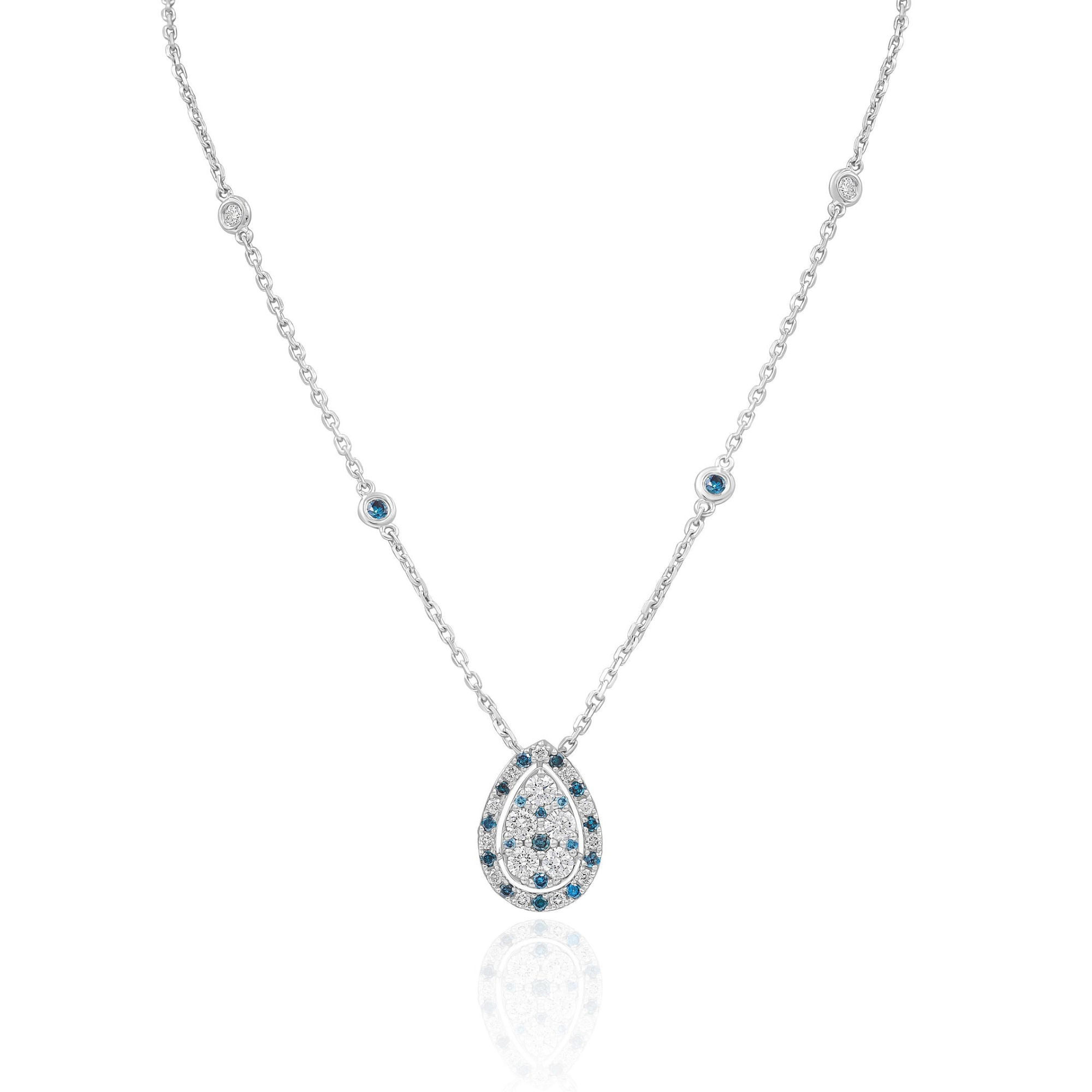A blue and white diamond drop pendant necklace