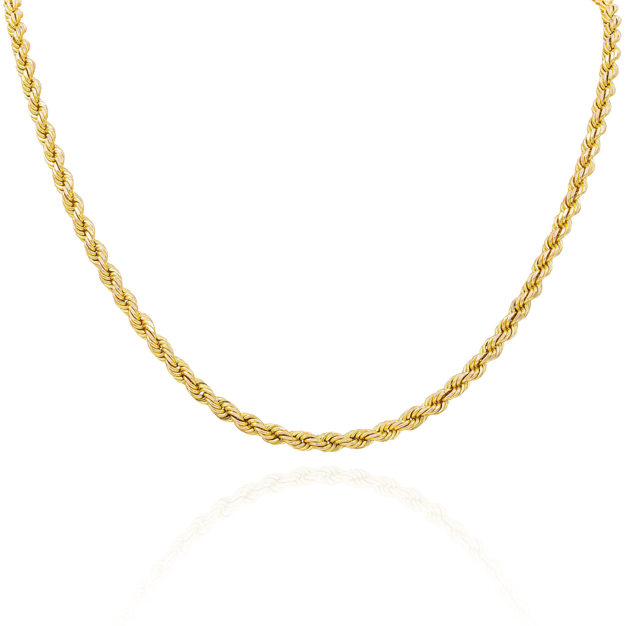 A 22-inch 14Kt yellow gold rope chain necklace laid out on a plain surface.
