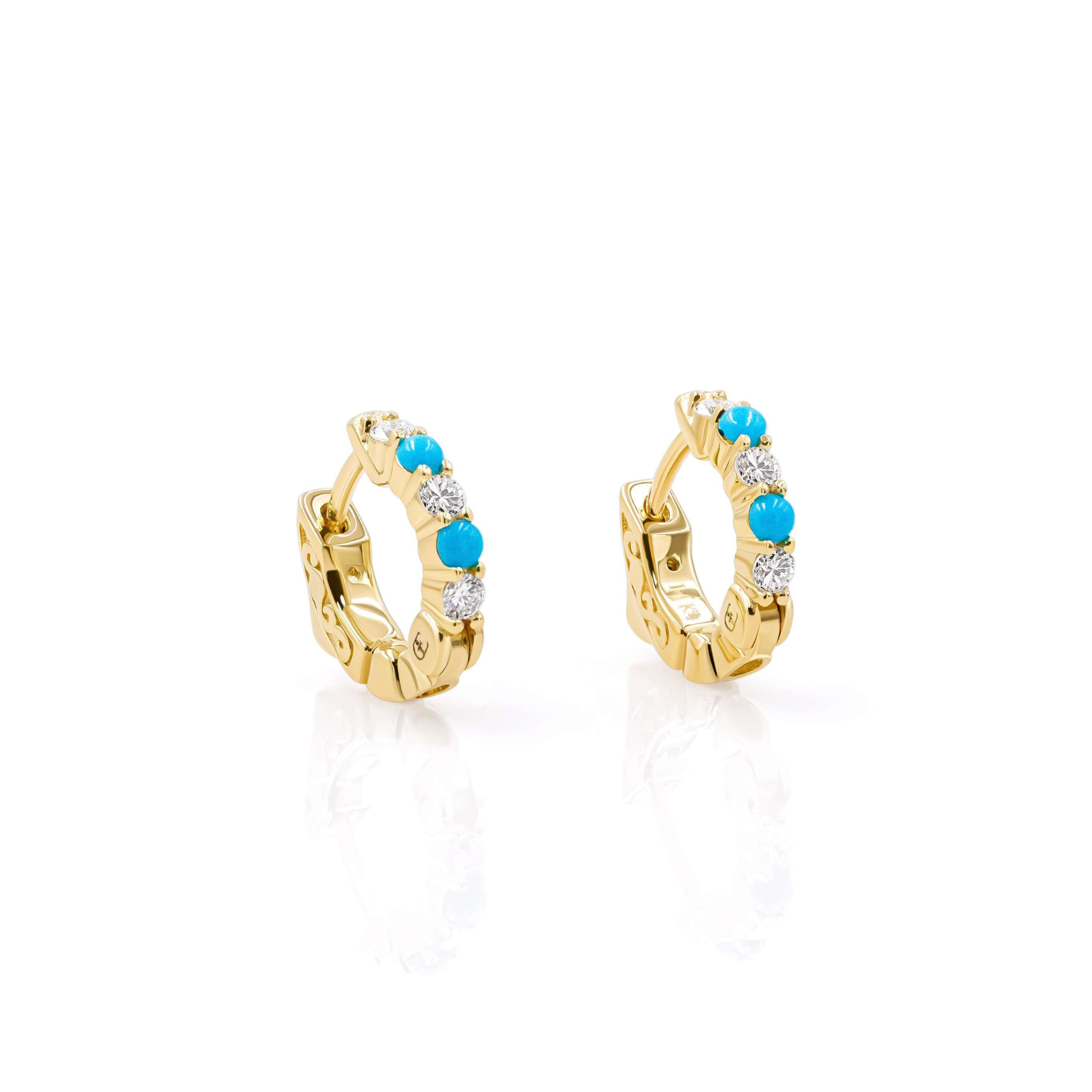 A pair of small hoop earrings with yellow gold metal and turquoise accents, likely made of 14Kt gold.