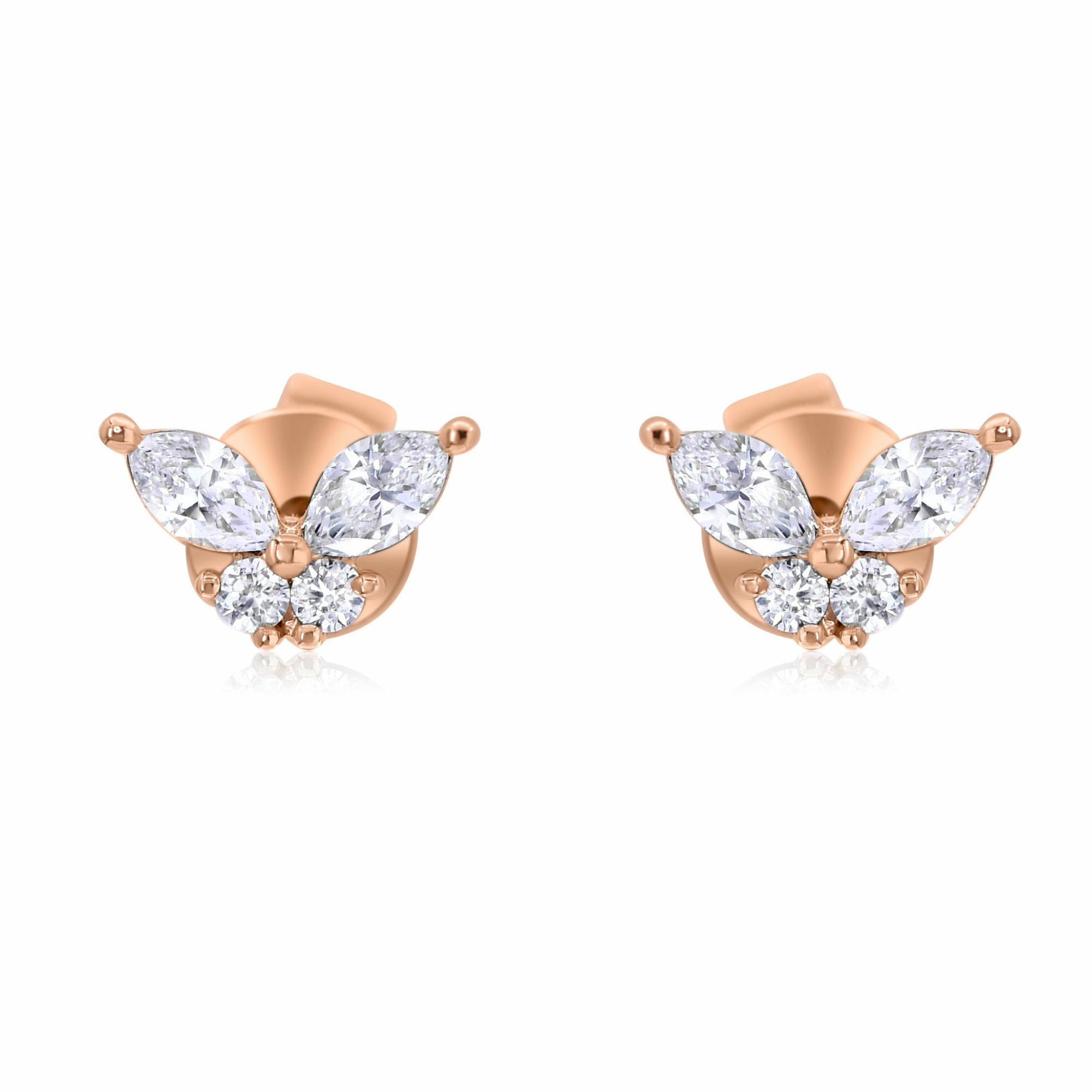 A pair of marquise butterfly earrings made of rose gold with embedded diamonds, viewed from the front.