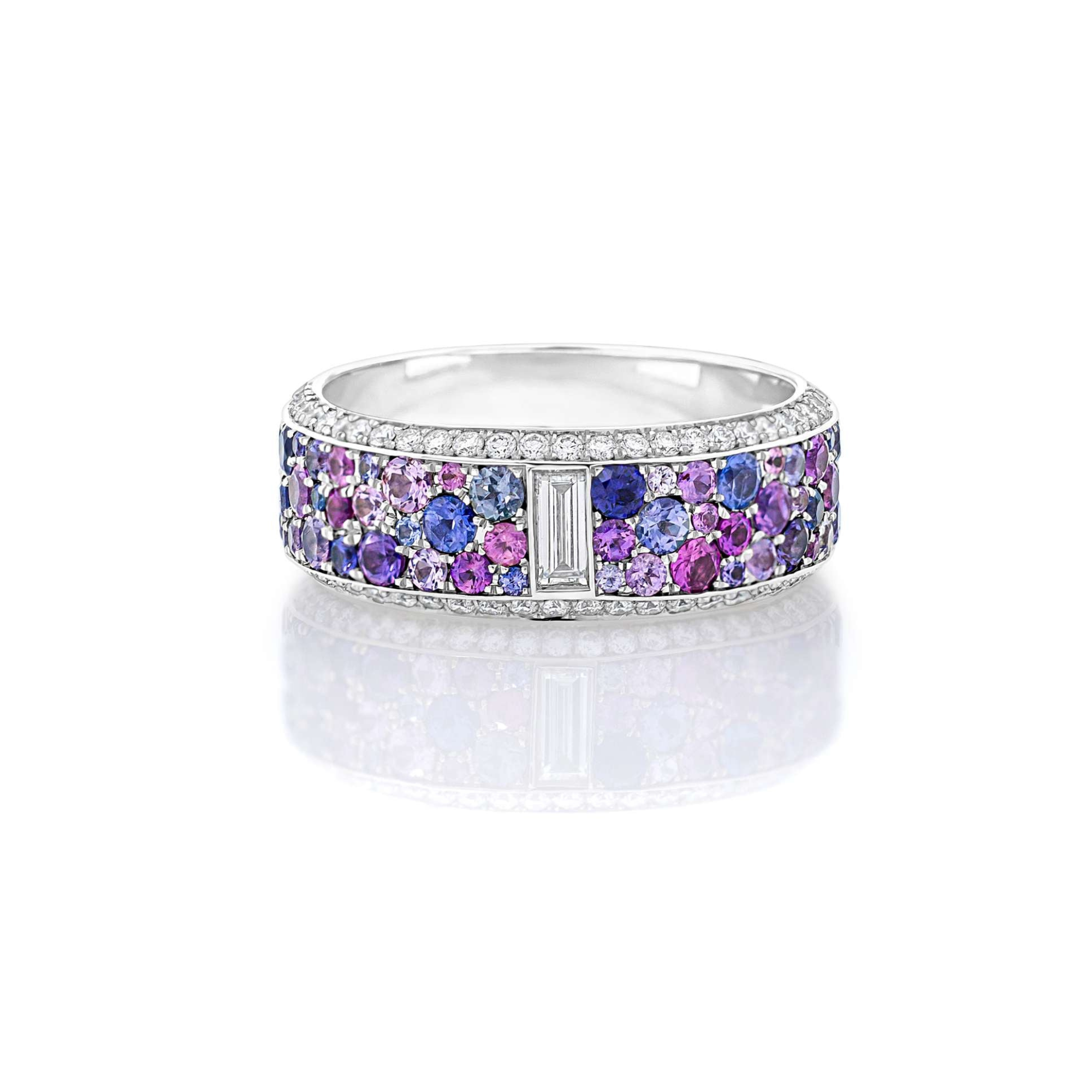 A white gold diamond-quality sapphire and diamond ring with a band of inset stones.