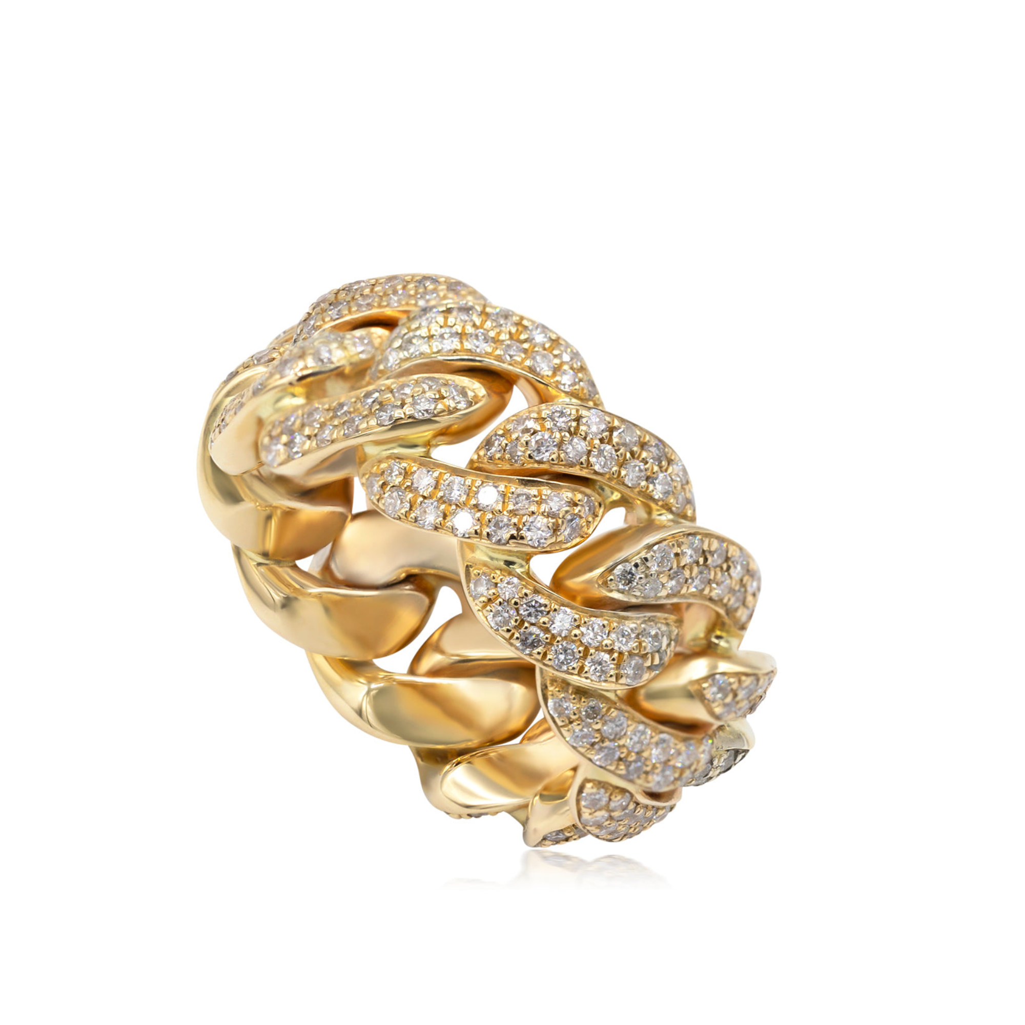 A gold Cuban link ring with diamond accents