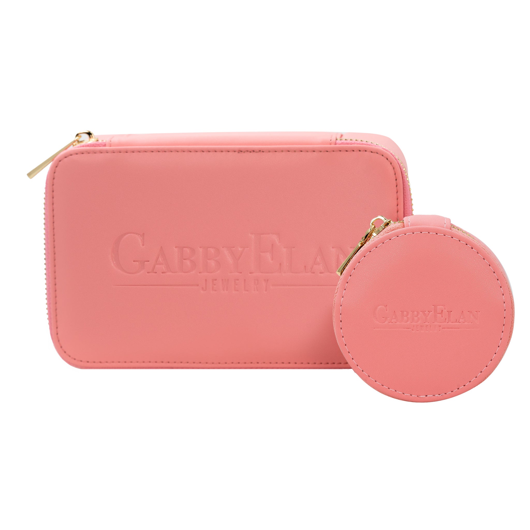 A medium-sized pink travel pouch made of vegan leather, featuring the GabbyElan brand logo, with a mirrored interior visible in the image.